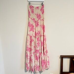 Abel The Label Pink White Strapless Dress Size XS Tiered Smocked Hibiscus Floral